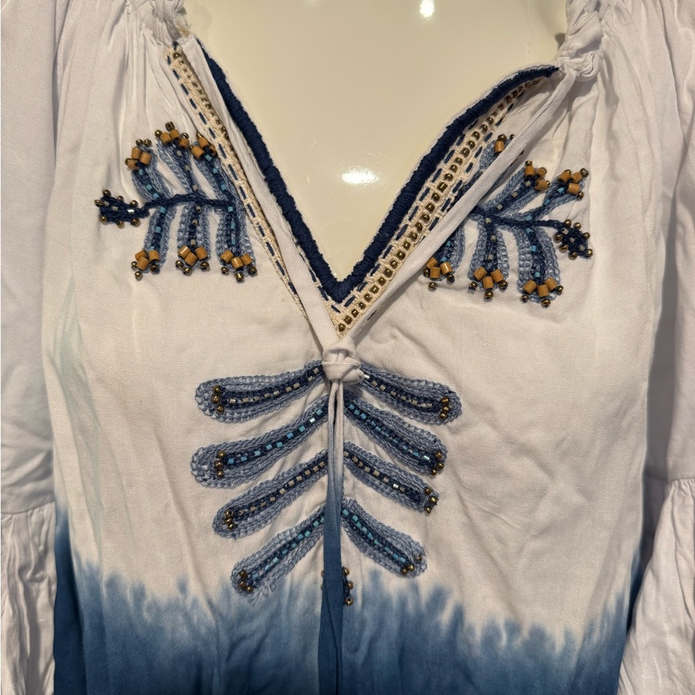 Bohemian Blue & White Cover Up Tunic Size Xs perfect for summer tassels on front - Picture 3 of 7